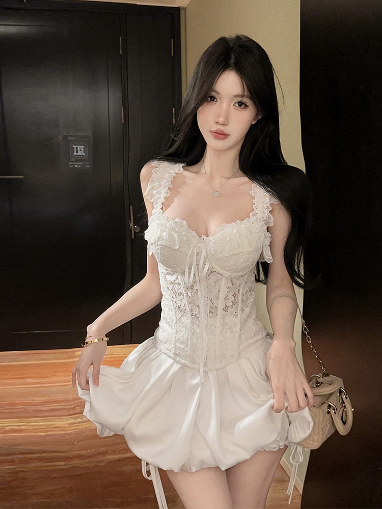 Elegant Lace Trimmed Sleeveless Vest And High Waist Skirt Set Women's Fashion Spring Summer Autumn Casual Short Length Zipper... - view 4