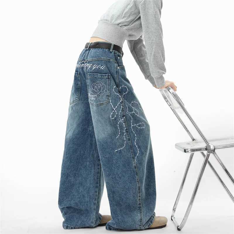Men's Jeans High Street Fashion Wide Leg Flared Jean For Men Goth Letter Rose Embroidered Y2K Baggy Jeans Hip Hop Vintage Denim Curved Pants H260 - view 5