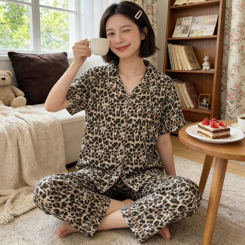 Women's Sleep Lounge Women's Summer Instagram-Style Leopard-Print Cloud-Patterned Cotton Pyjamas Short-Sleeved Top and Long Trousers Loungew