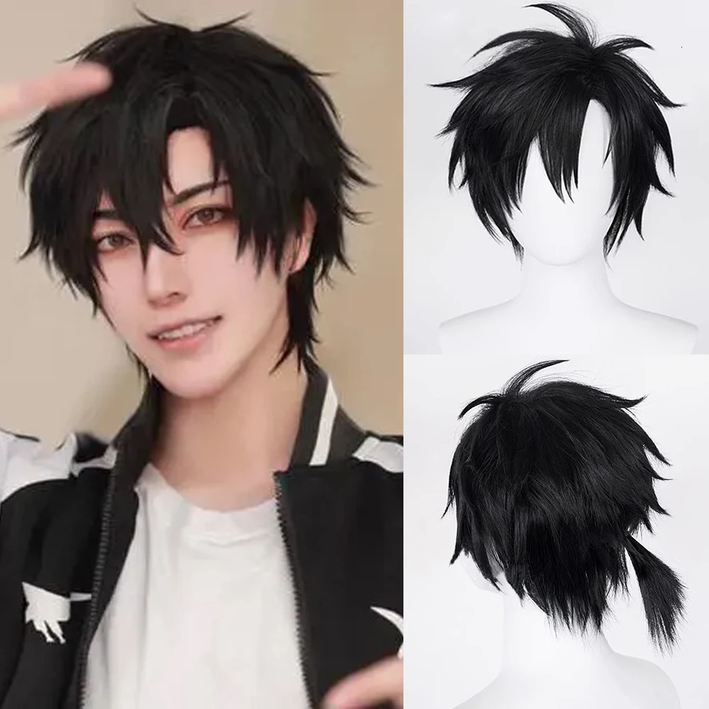 Synthetic Short Black Straight Wig with Bangs for Men and Women Daily Cosplay Anime Halloween Party istic Fake Hair 260922
