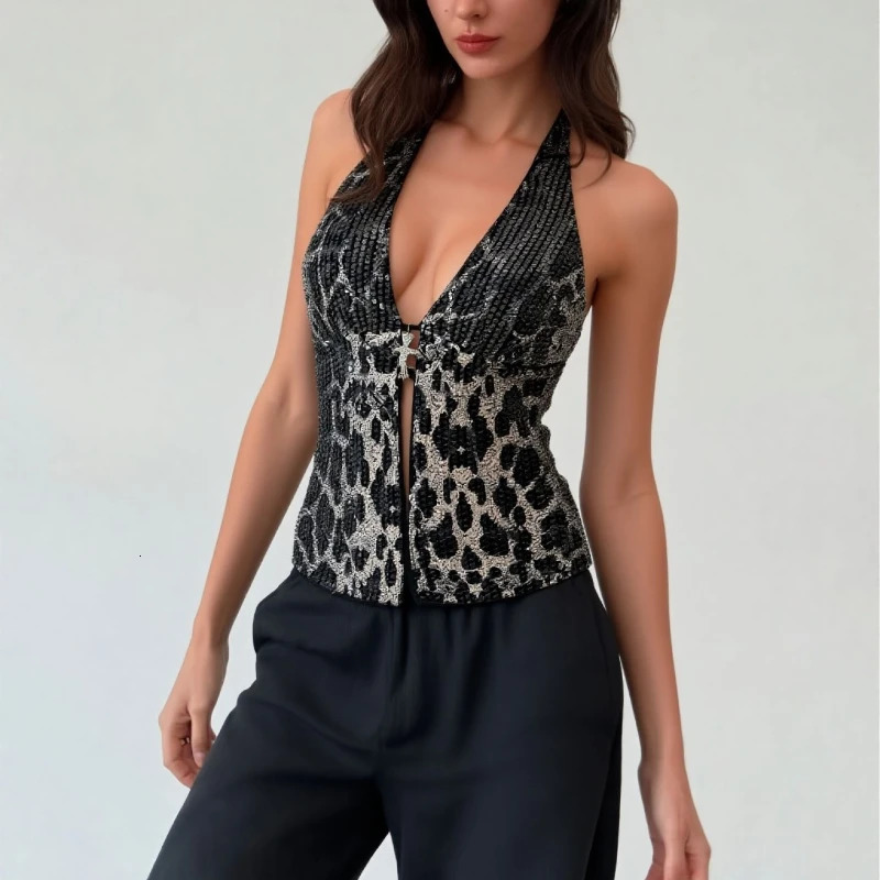 Spice Girl Leopard Print Sequin Halter Top Women Backless Lace Up Slim Fit Crop Vest 2026 Summer Lady Holiday Party Club Y2K 260924 - view 6