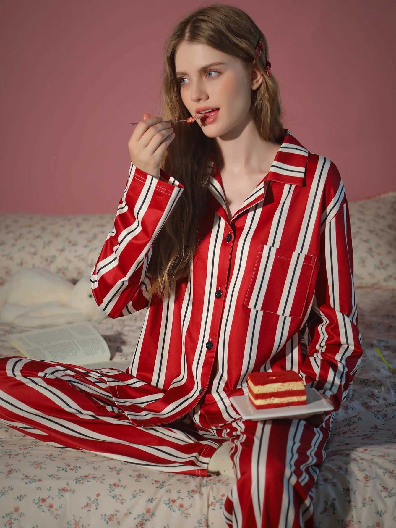 Women's Sleep Lounge 2-piece women's sleepwear long sleeved pants home wear spring and autumn winter striped pattern cardigan set H260924 - view 6