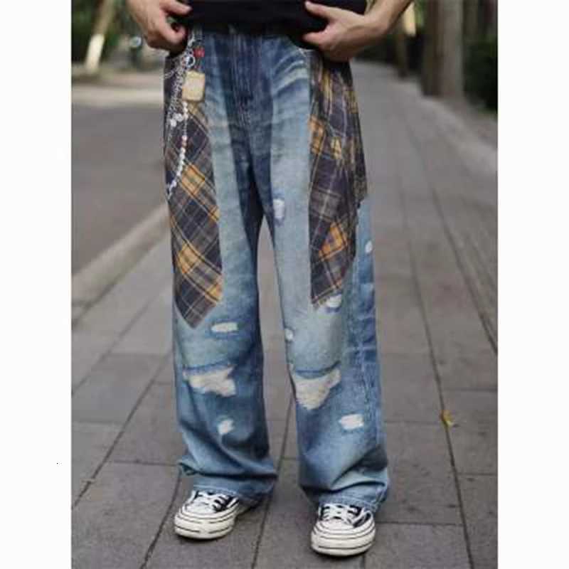 Men's Jeans Y2k Baggy Jeans Women Distressed Plaid Chain Holes 3d Print Low Rise Wide Leg Pants Fashion Hip Hop Streetwear Skater pants H260924 - view 7