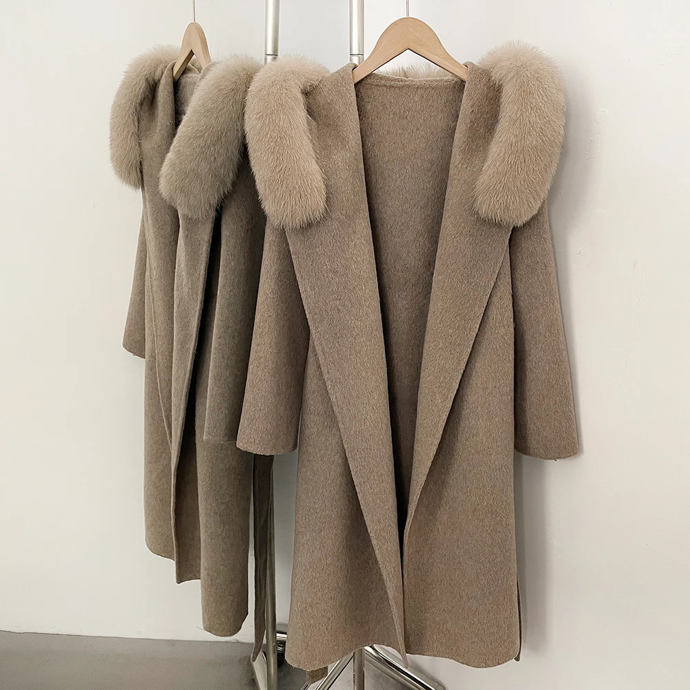 Elegant Woolen Coat Mid Length Women's Fur Collar Wool Autumn Winter Hooded Double Faced Women 260911 - view 7