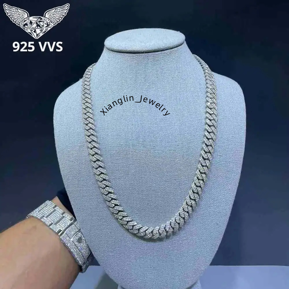 925 Silver 10mm 2 Rows Moissanite Cuban Link Chain Bling Iced Out Pass Diamond Tester VVS Sterling Silver VVS Necklace