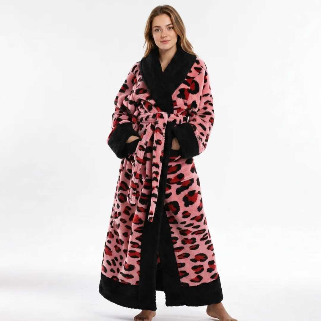 Lounge Women's Sleep Autumn Winter Leopard Print Coral Fleece Robe Sleepwear Thicken Flannel Bathrobe Nightwear Loose Casual Homewear LoungewearC - view 3