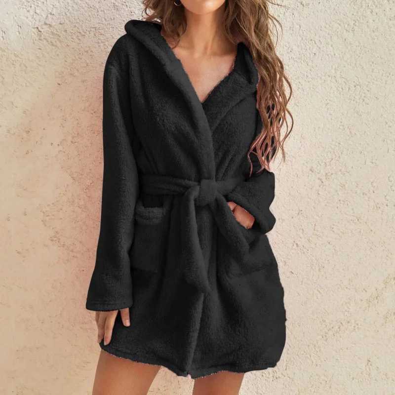 Sleep Lounge Women's Women Winter Fluffy Bath Robe Ladies Hooded Dressing Gown Thick Warm Bathrobe Pyjamas Coral Fleece Long Nightgown SleepwearC - view 4