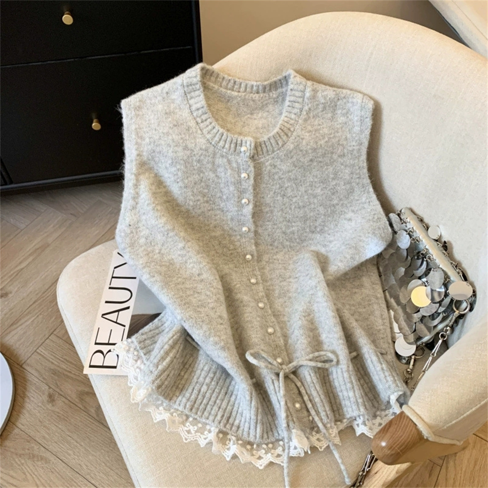 2026 Korean Fashion O Neck Solid Spliced Lace Strap Sweater Loose Casual Soft Preppy Style Outwear Vest for Women tops - view 5