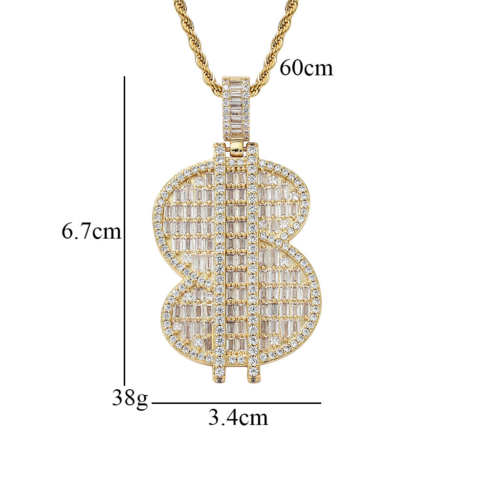 Personalized Hip Hop Jewelry Gold Silver Color Bling Moissanite Iced Out Baguette Moissanite Dollar Sign Pendant Necklace for Men - view 3