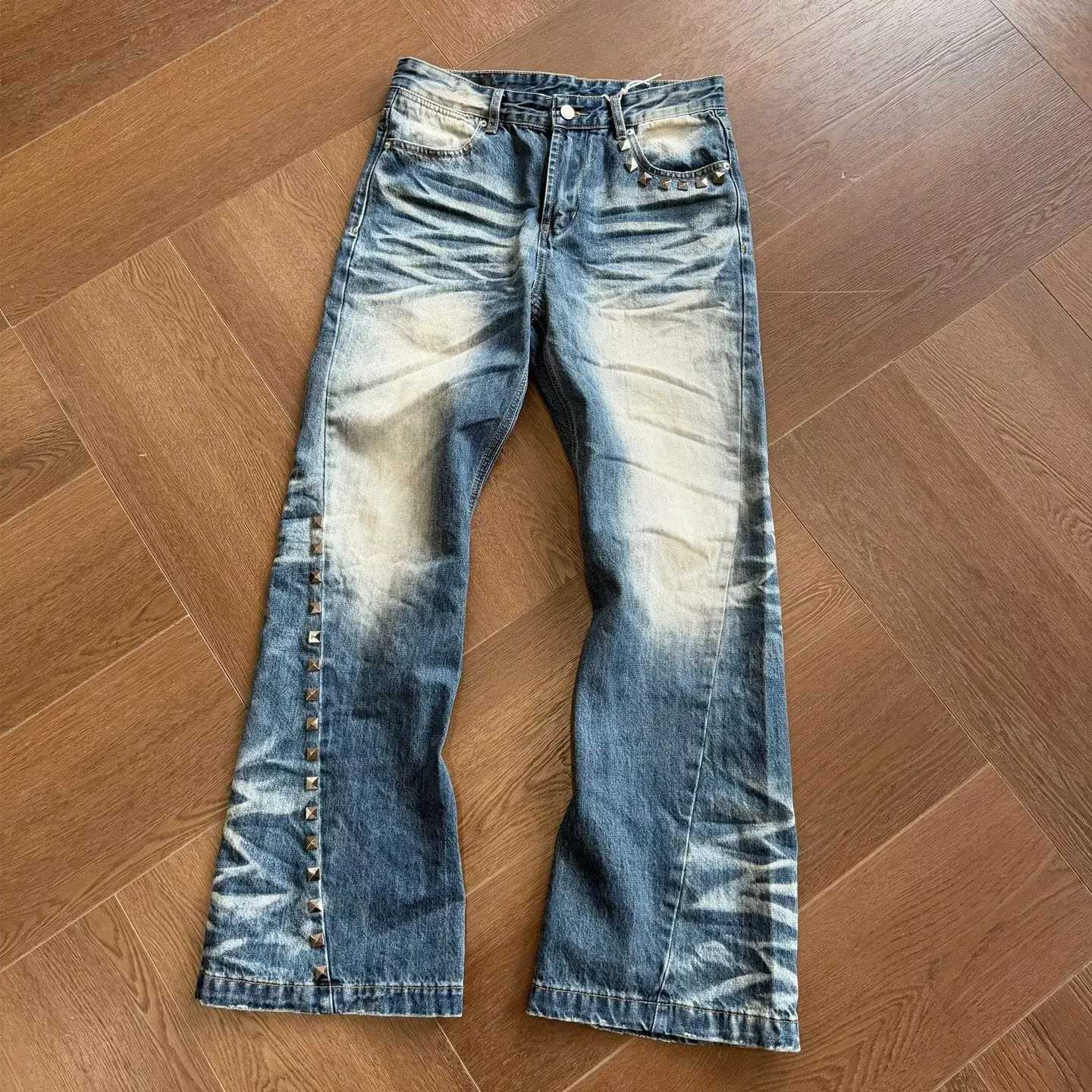 Men's Jeans Y2K Vintage Washed Rivet Denim Jeans For Men 2026 Autumn American Casual Fashion High Street Male Blue Retro Denim Pants H260924