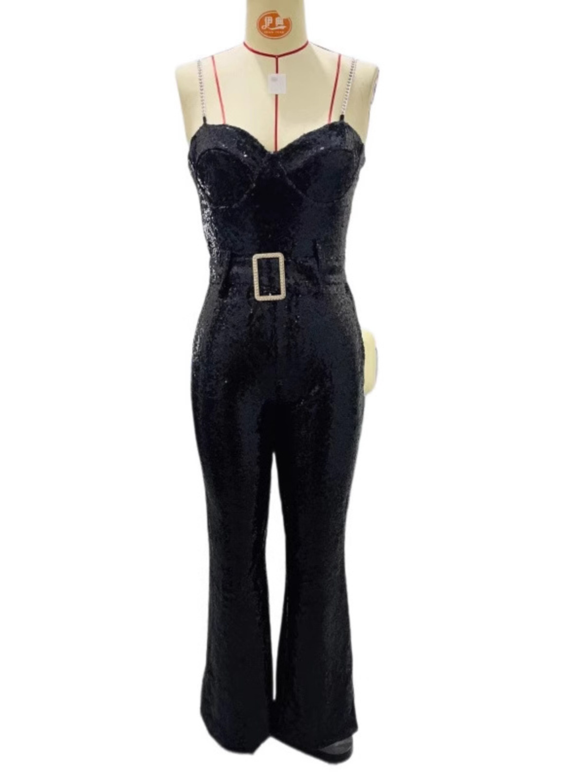 Sexy Fashion Chain Belt Shiny Sequin Dress Jumpsuit Women High Waist Long Pants Polyester Fiber Commute Style Spring Season - view 6