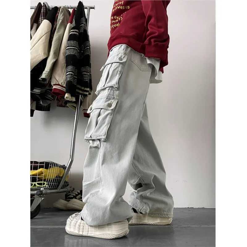 Men's Jeans Light Blue Cargo Jeans Men's Patchwork Straight Casual Trousers Men Muti-pockets Hip Hop Streetwear Loose Fashion Pants H260924 - view 7