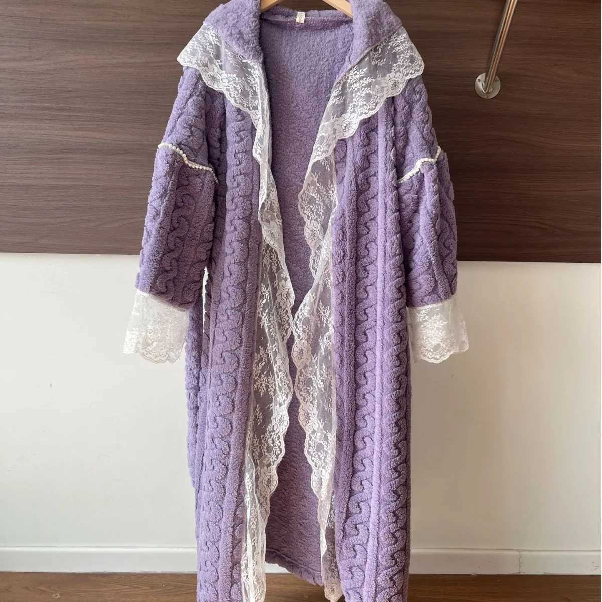 Sleep Lounge Women's French Lace Autumn Winter Robe Women Coral Fleece Sexy Kimono Gown Soft Princess Style Bathrobe Homewear Comfy Dressing Gown - view 6