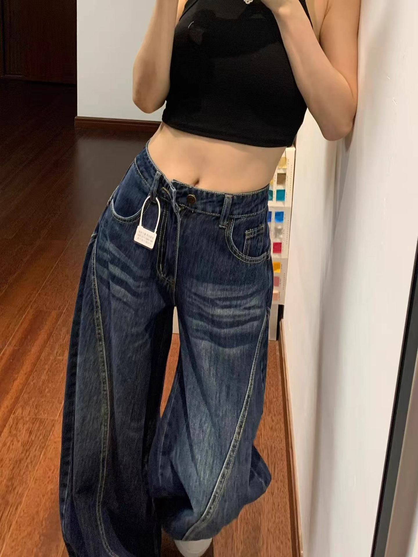 Deep Blue Wide Leg Denim Jeans Women's Early Autumn New American High Waist Loose Design Sense Floor-Length Pants - view 4