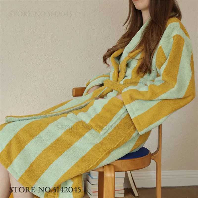 Sleep Lounge Women's Cotton Terry Bathrobe Women's Long Robe Kimono Gown Thicken Stripes Towel Sleepwear Homewear with Pocket Loose Loungewe - view 6