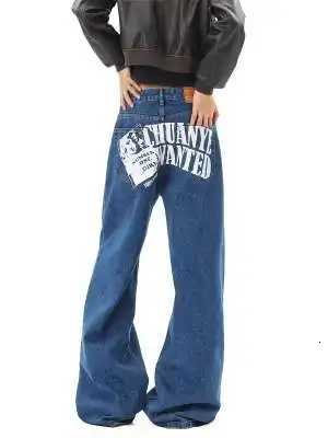 Men's Jeans Vintage American Style Blue Pocket Full Printed Y2K Jeans Couple Classic Baggy Straight Wide-leg Pants Ripped Jeans H260924