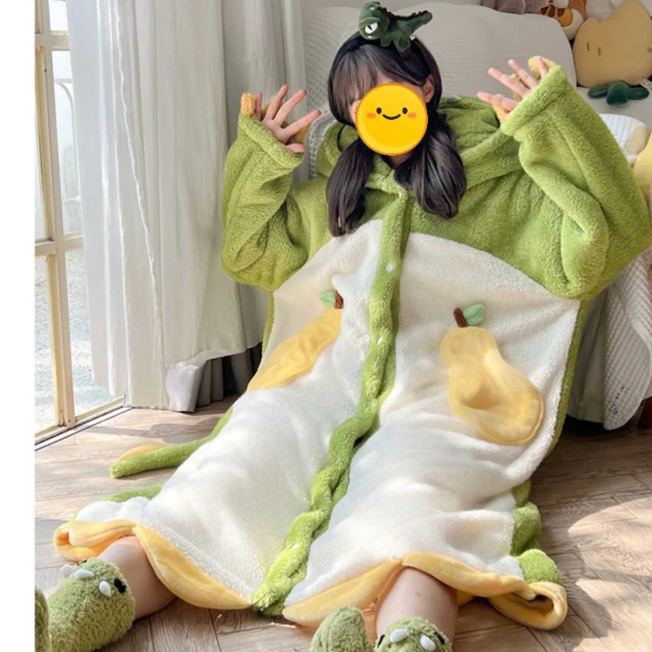 Lounge Women's Sleep Kawaii Flannel 2025 Winter Kimono Nightgown Strawberry Cute Home Wear for Women Sleepwear Warm Bathrobe Cartoon Hooded Long  - view 6