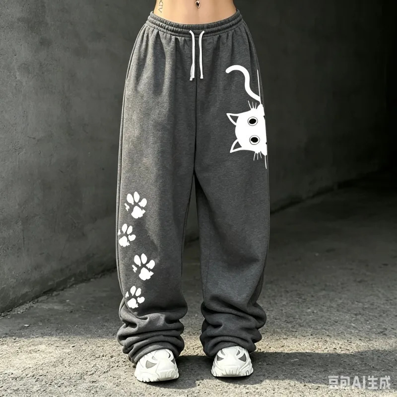 2026 Womens Plussize Street Style Casual Sweatpants with Cat Paw Print Autumn and Winter Fleece Loose Fit Streetwear Oversized 260928