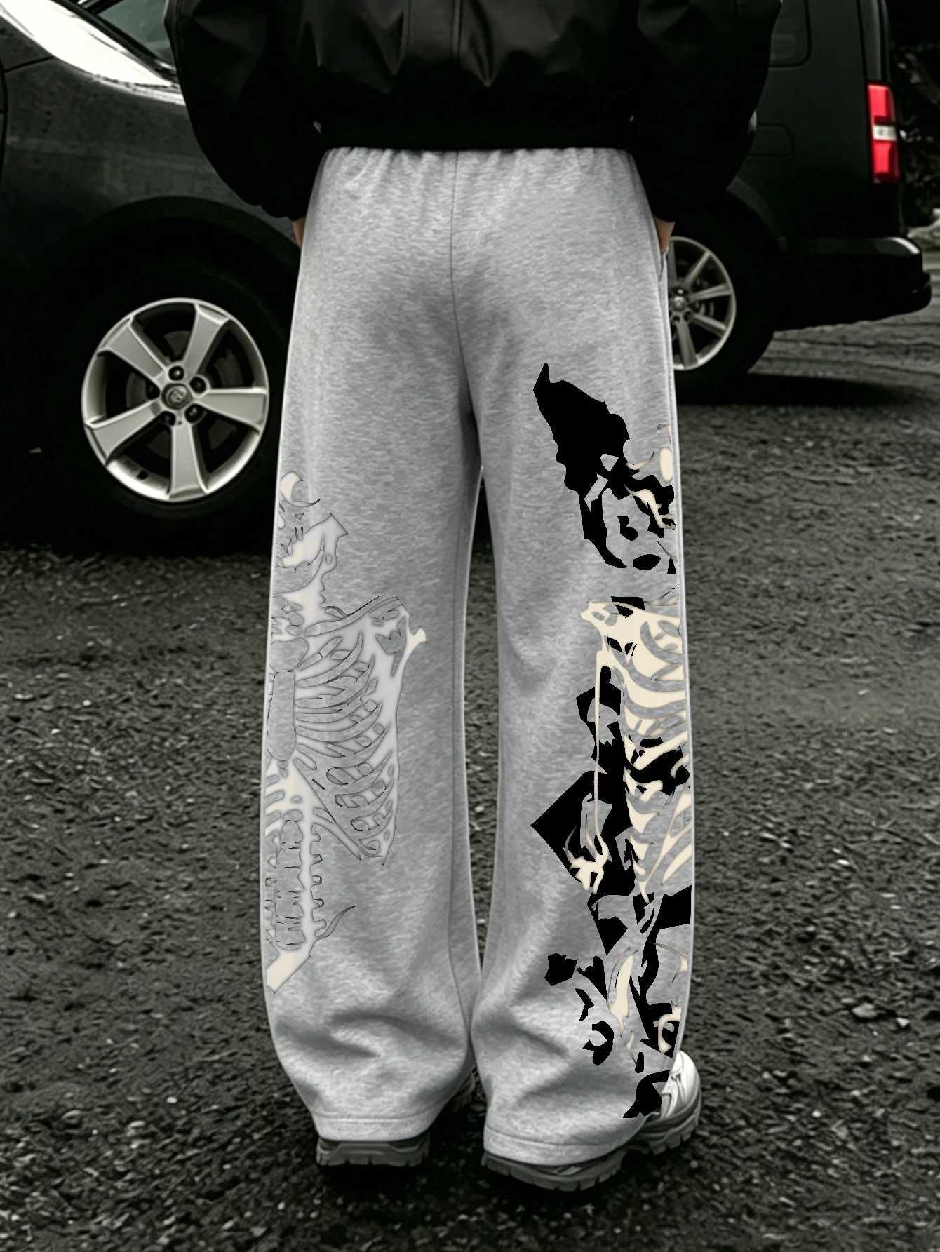 Men's Pants Men Skeleton Ribcage Graphic Wide Leg Sweatpants dr1 Loose Straight Baggy Gothic Streetwear Jogger Pants Black Grey D260924 - view 5