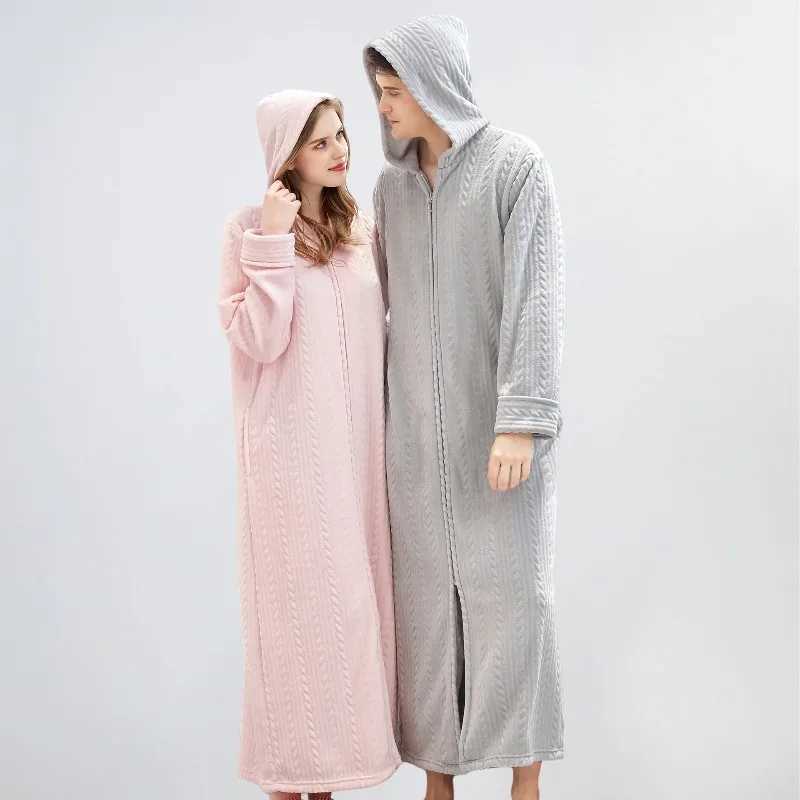 Sleep Lounge Women's Autumn Winter Zipper Bathrobe for Women Men Hooded Nightgown Couple Thick Pajamas Flannel Ladies Long SleepwearC260924 - view 3