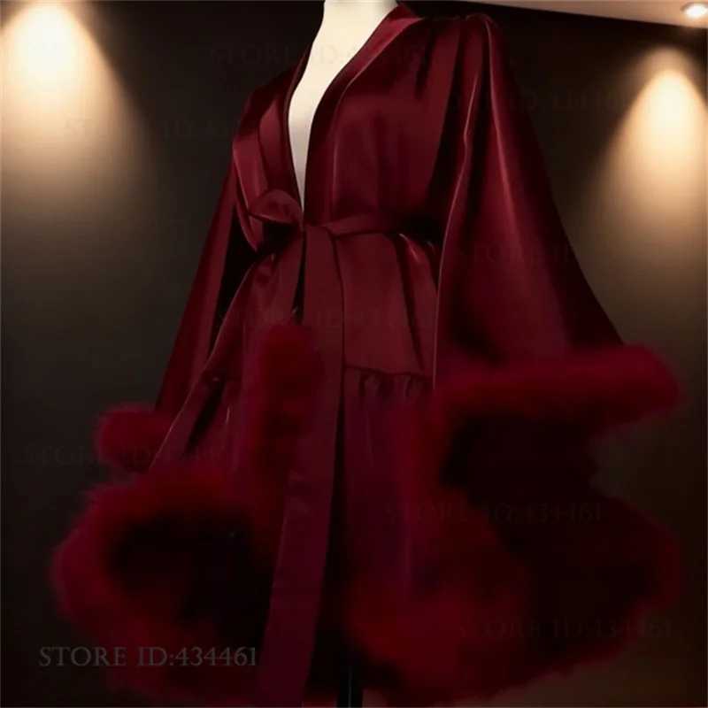Lounge Women's Sleep Luxury Feathers Bride Wedding Robe Dress Elegant Big Sleeve Female Bathrobe Kimono Gown Nightgown Silky Satin Homewear Pajam - view 4