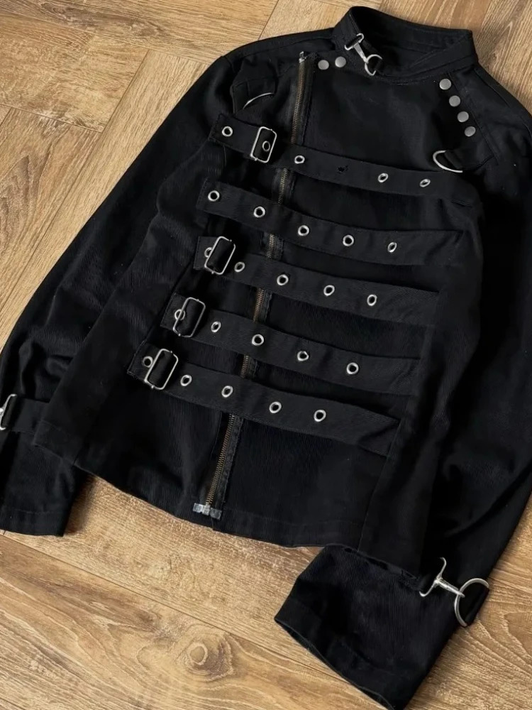 Mens Jacket Dark Streetwear Strap Cargo Coat Harajuku Unisex Cropped Fit Metal Buckle Stand Collar Fashion Trend Arrival Coat 260922 - view 5