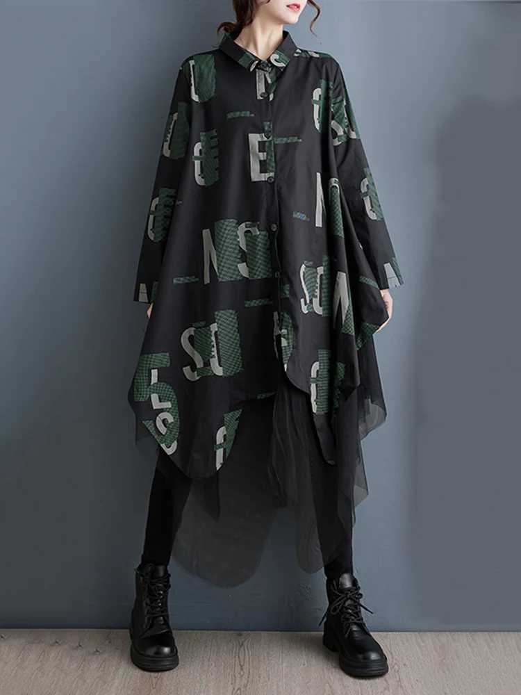 Lounge Women's Sleep Mesh Spliced Vintage Letter Print Shirt Dresses For Women New Long Sleeve Loose Casual Dress Fashion Elegant Clothes Autumn  - view 6