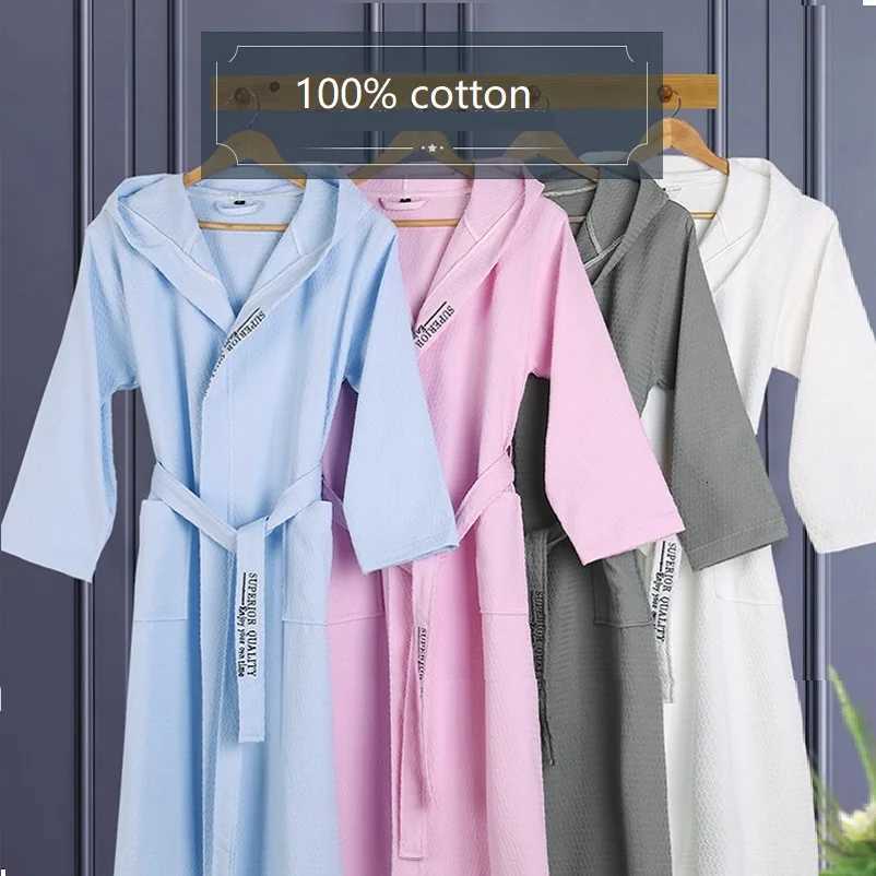 Lounge Women's Sleep Cotton Material Plain Color Bathrobe Unisex Hooded Pajamas Sauna Clothing Waffle Sleepwear Water Absorption Home Dressing Go