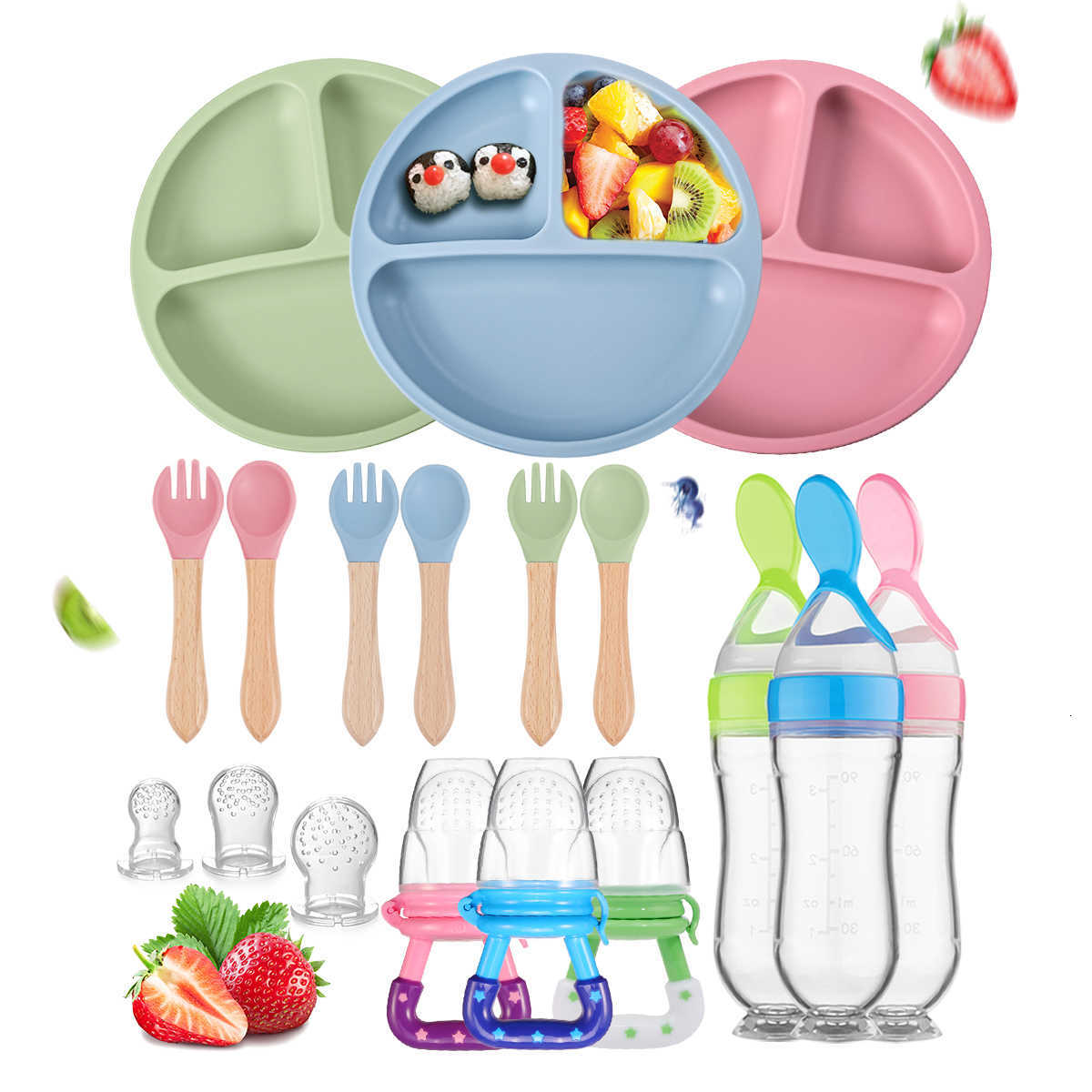 Baby Feeding Other TYRY.HU Children's Tableware Set with Silicone Dining Plate Suction Wooden Handle Fork Spoon And Silicone Fruit Vegetable Bott