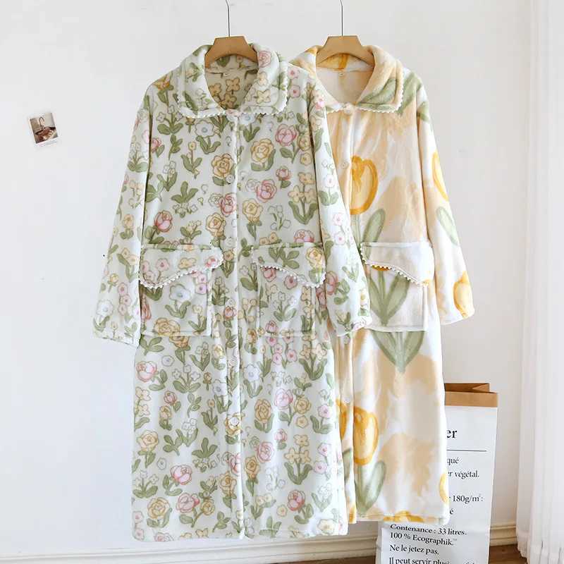 Sleep Lounge Women's Coral Velvet Robe Women's Autumn And Winter Flower Printed Dress Flannel Bathrobe Female Thicken Warm Sleepwear Shower 