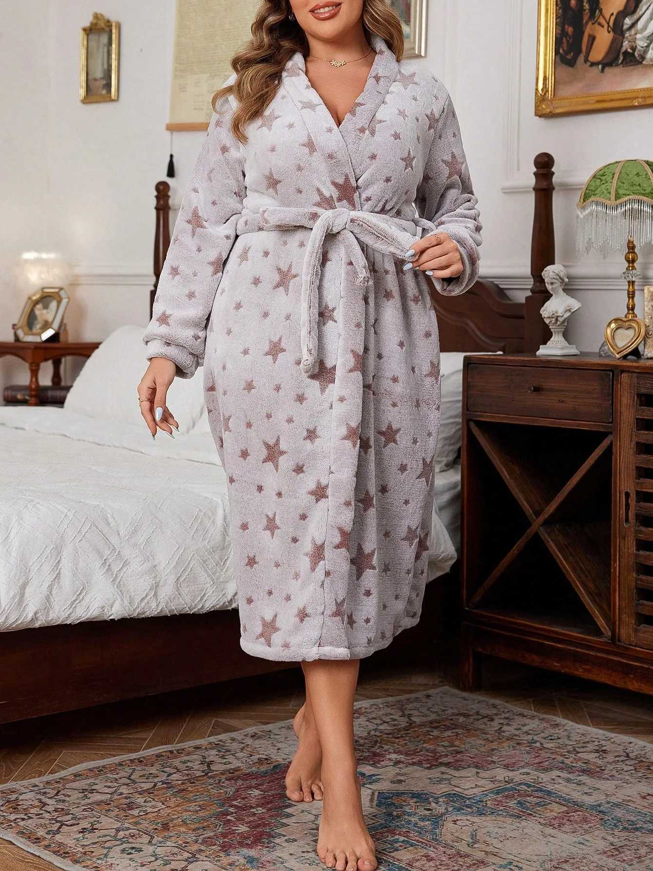 Lounge Women's Sleep Autumn Winter Women Oversized Warm Robe Pajama Nghtgown Flannel Robe Star Print With Belted Home Sleepwear Pajamas 1XL To 5X - view 6