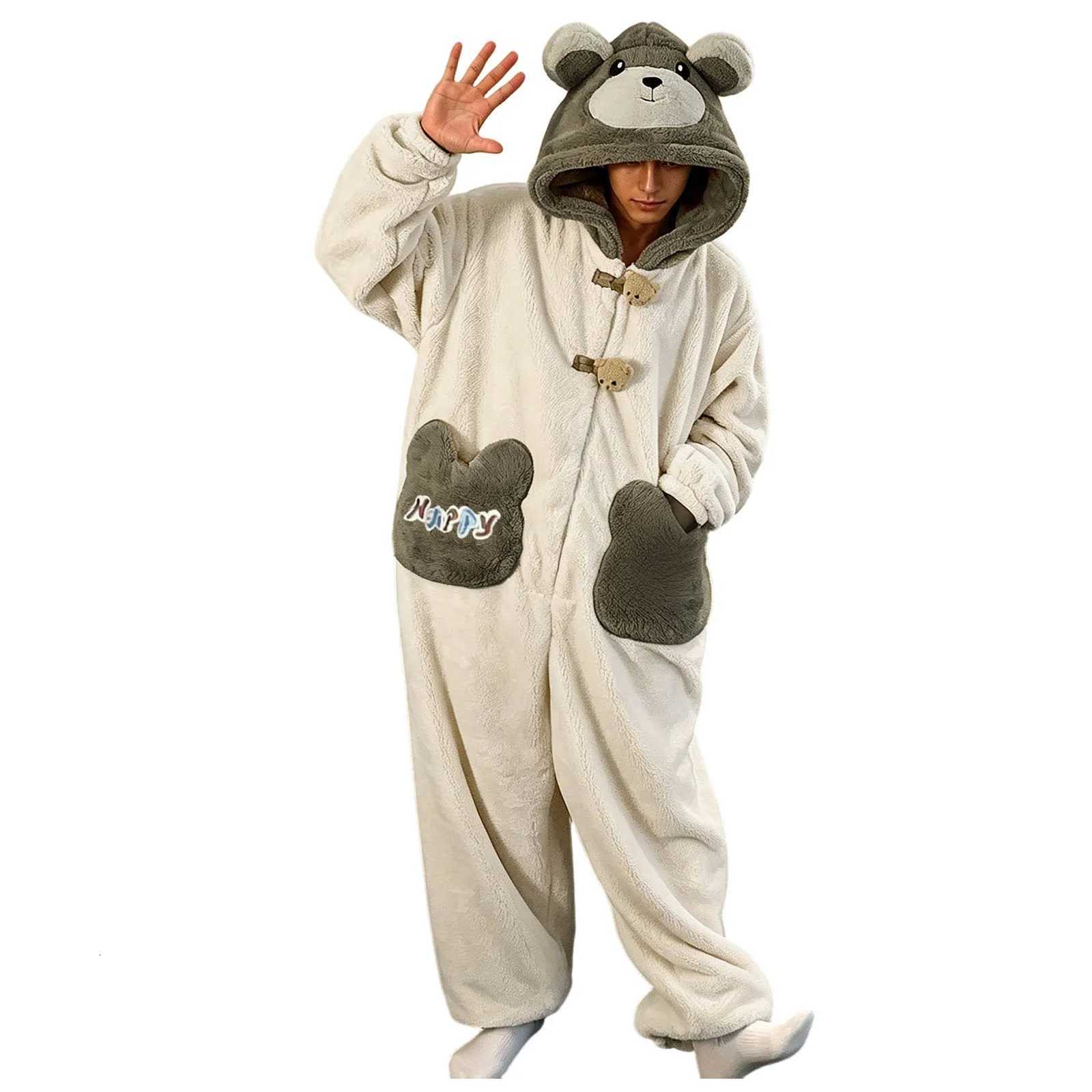 Sleep Lounge Women's Unisex Animal Onesie Plush Fleece Hooded Jumpsuit Cute Cartoon Bear Cosplay Pajama Warm Winter Sleepwear Loungewear With Poc