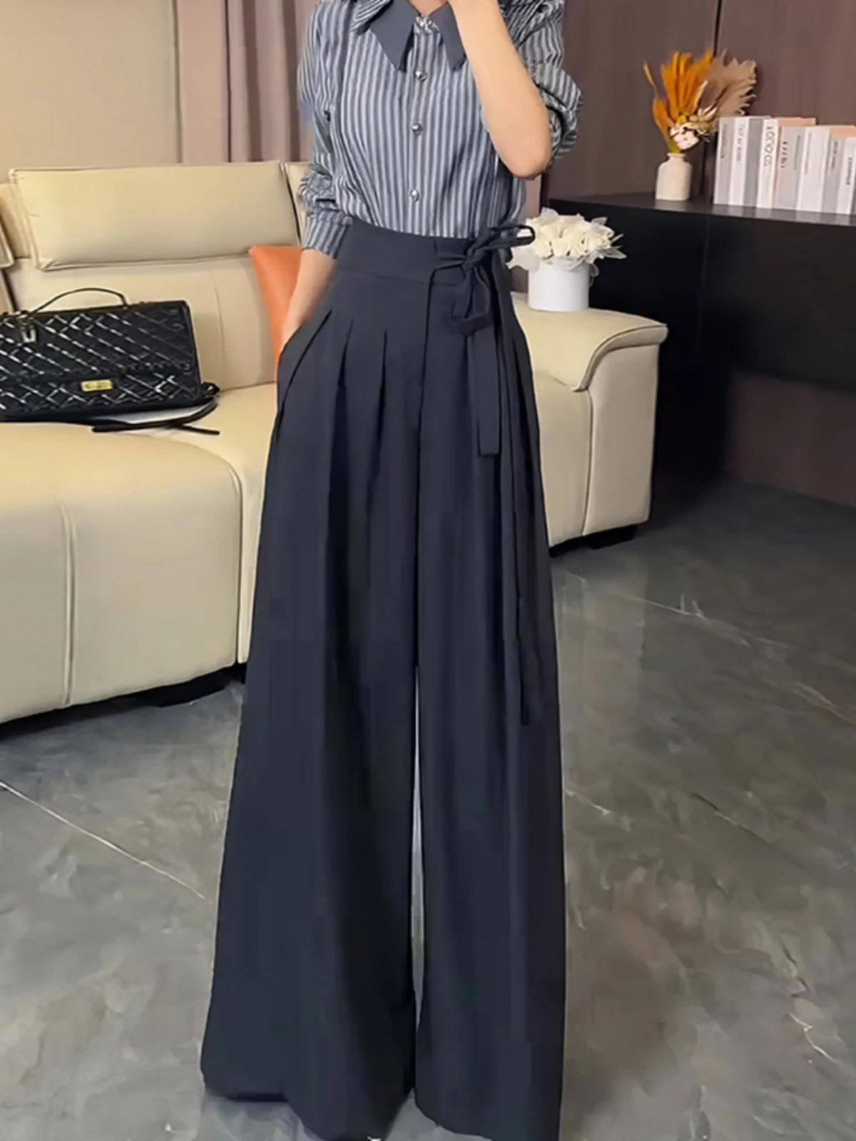 Korean Royal Sister Style Gray Suit Pants Women's High Waist Drape Strap n Wide Leg Trousers 260923 - view 4