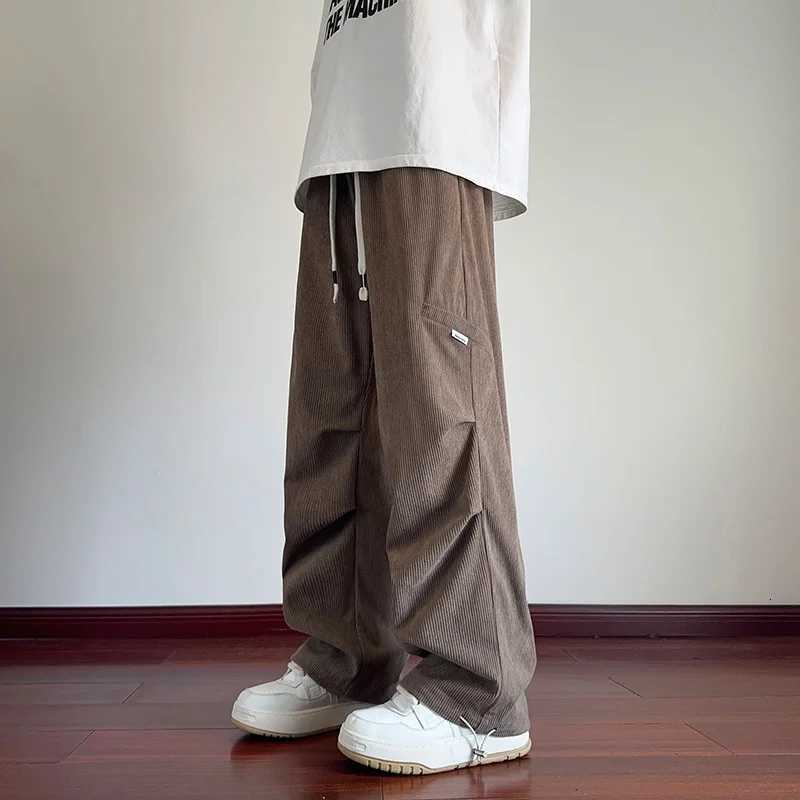 Men's Jeans New Men's Corduroy Pleated Baggy Straight Pantalones Appliques Casual Drawstring Cargo Pants Y2K Vintage Streetwear Trousers H26 - view 6