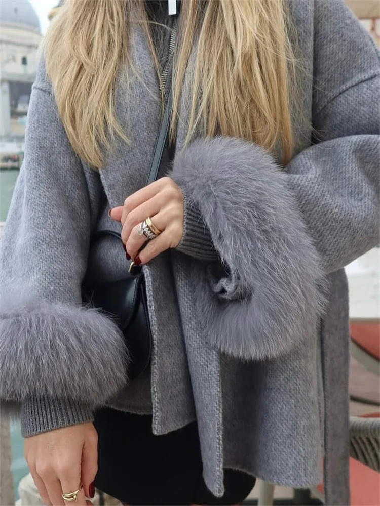 Tossy Fox Fur Wool Overcoat Women's Short Coat Office Lady Elegant Double-sided Woolen Coat Cardigan Jackets Loose Wool 260922 - view 3