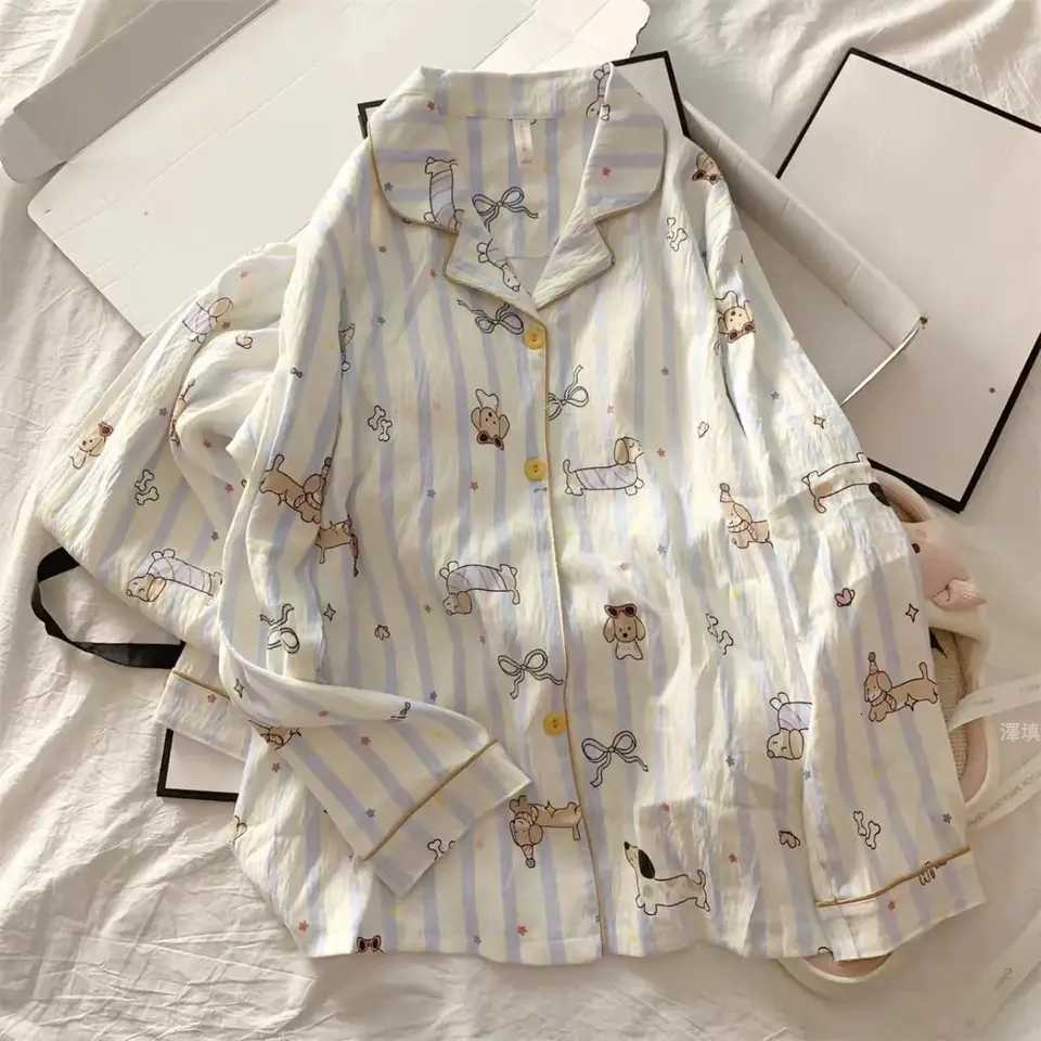 Women's Sleep Lounge Women's Thin Pajama Set Long Sleeve Printed Embroidered Loose Fit Sweet Style Home Clothing Pants H260924 - view 3