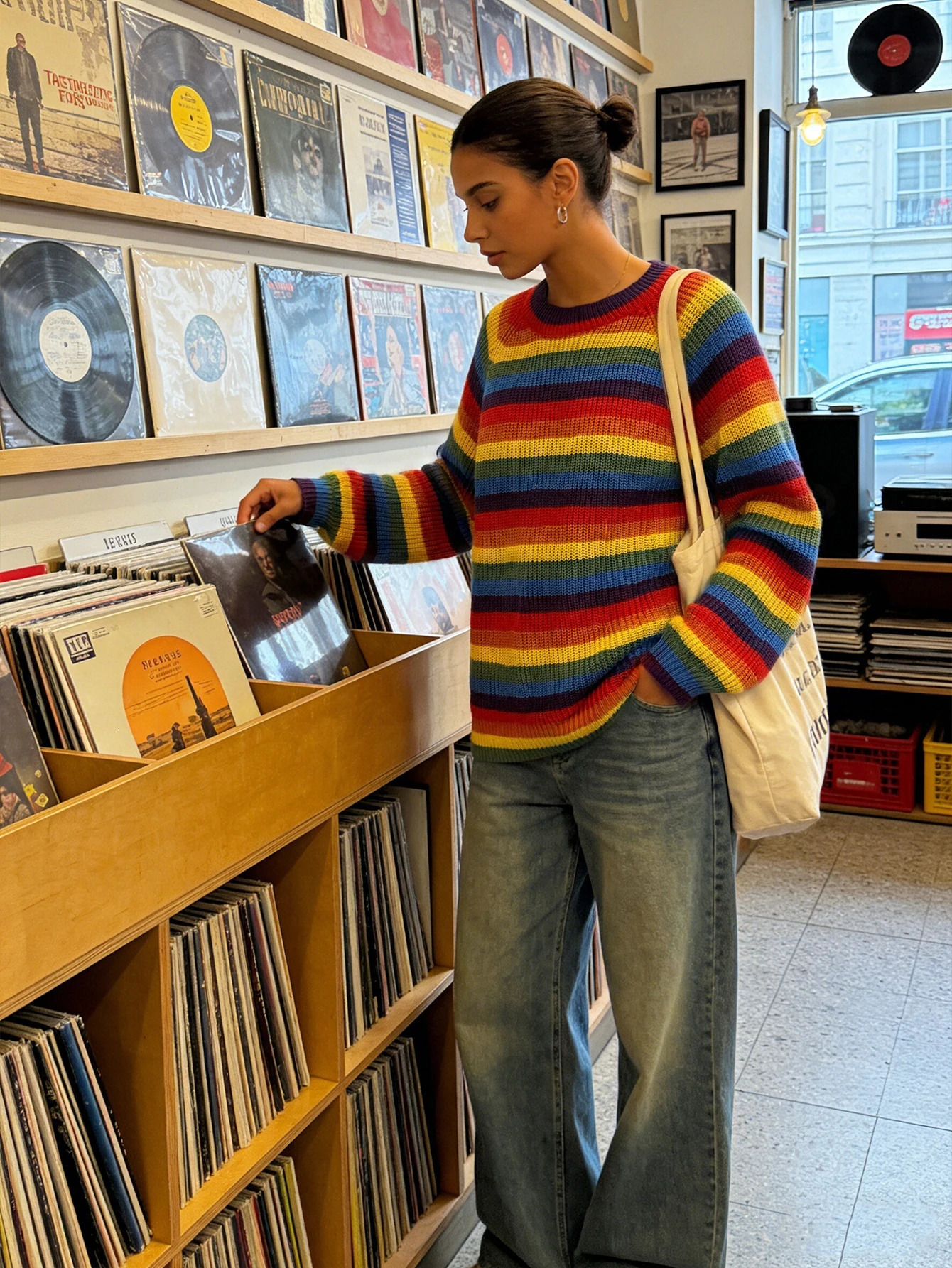 Women's Rainbow Striped Sweater Vintage Oversized Loose Knit Pullover Long Sleeve Casual Tops 260922 - view 4