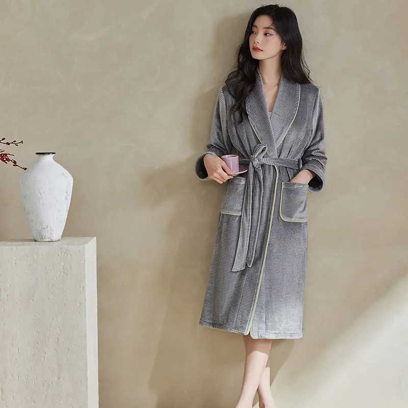 Sleep Lounge Women's Autumn Winter Women Island Velvet Long Bathrobes Sleepshirts Grey Home Dress Sleepwear Warm Comfortable Kimono Indoor Clothe