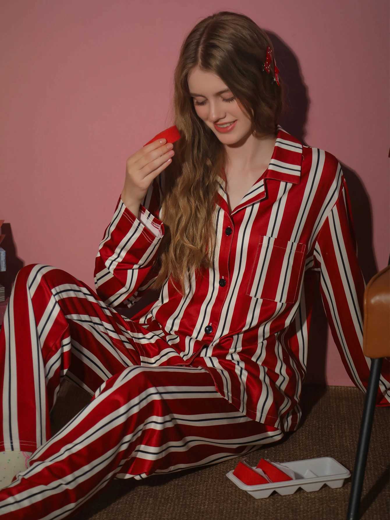 Women's Sleep Lounge 2-piece women's sleepwear long sleeved pants home wear spring and autumn winter striped pattern cardigan set H260924