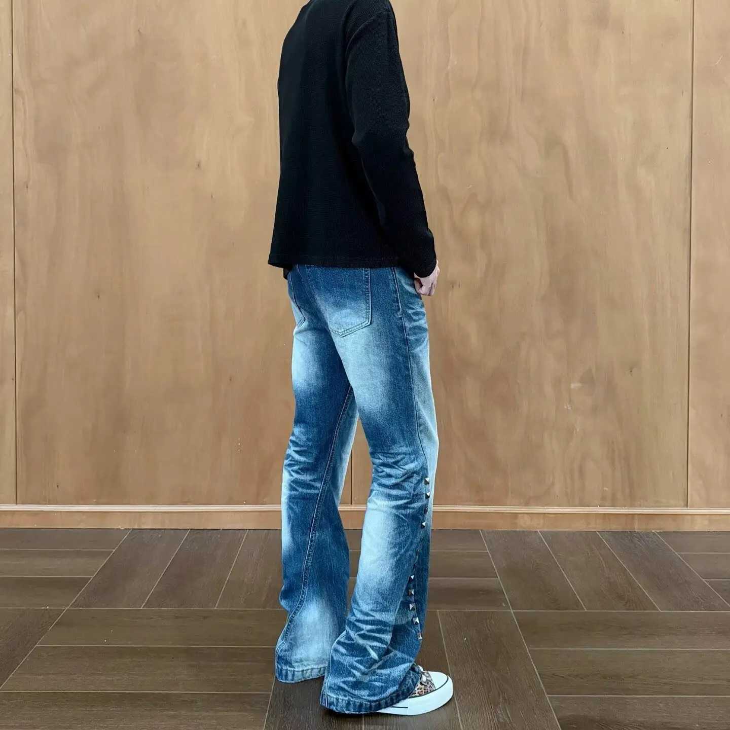 Men's Jeans Y2K Vintage Washed Rivet Denim Jeans For Men 2026 Autumn American Casual Fashion High Street Male Blue Retro Denim Pants H260924 - view 7