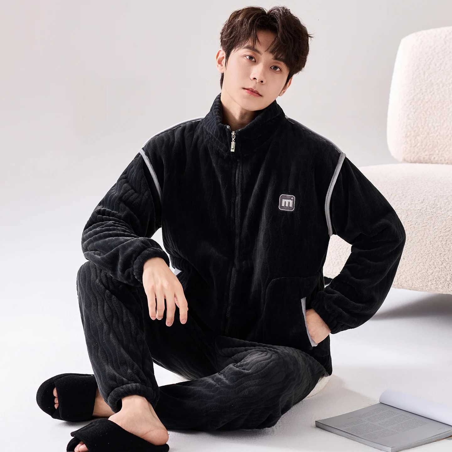 Lounge Women's Sleep Winter men pajamas thick flannel pyjamas male with zipper coral fleece cardigan men big yards 4XL sleep tops+long pants 2pcs - view 7