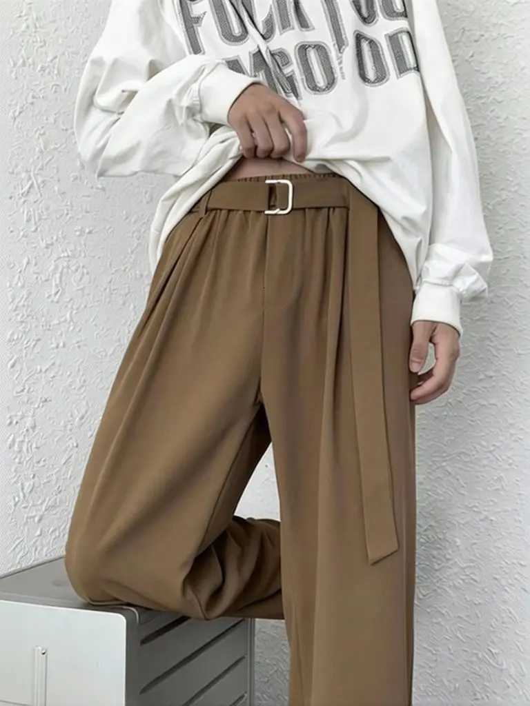 Men's Pants Brown Korean Wide leg Casual Pants With Belted Men Streetwear Oversize Baggy Pants Harajuku Cool Black Work wear Suit Pants D260924
