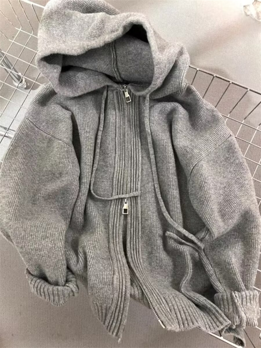 Korean Gray Hood Sweater Outerwear Women Loose Spring Autumn and Winter Outdoor Thickened Knitted Double Zipper Hoodie Coats - view 7