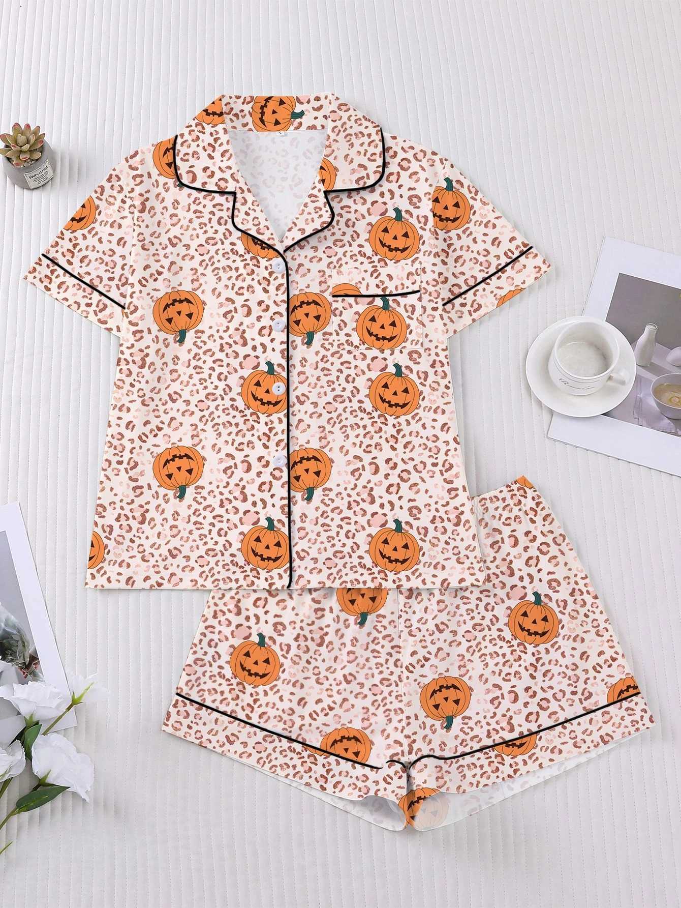 Women's Sleep Lounge Women's Sleepwear Halloween Print Pajamas Set Collar Short Sleeved Shirt With Shorts Home Suit Set Loungewear Set Pyjam