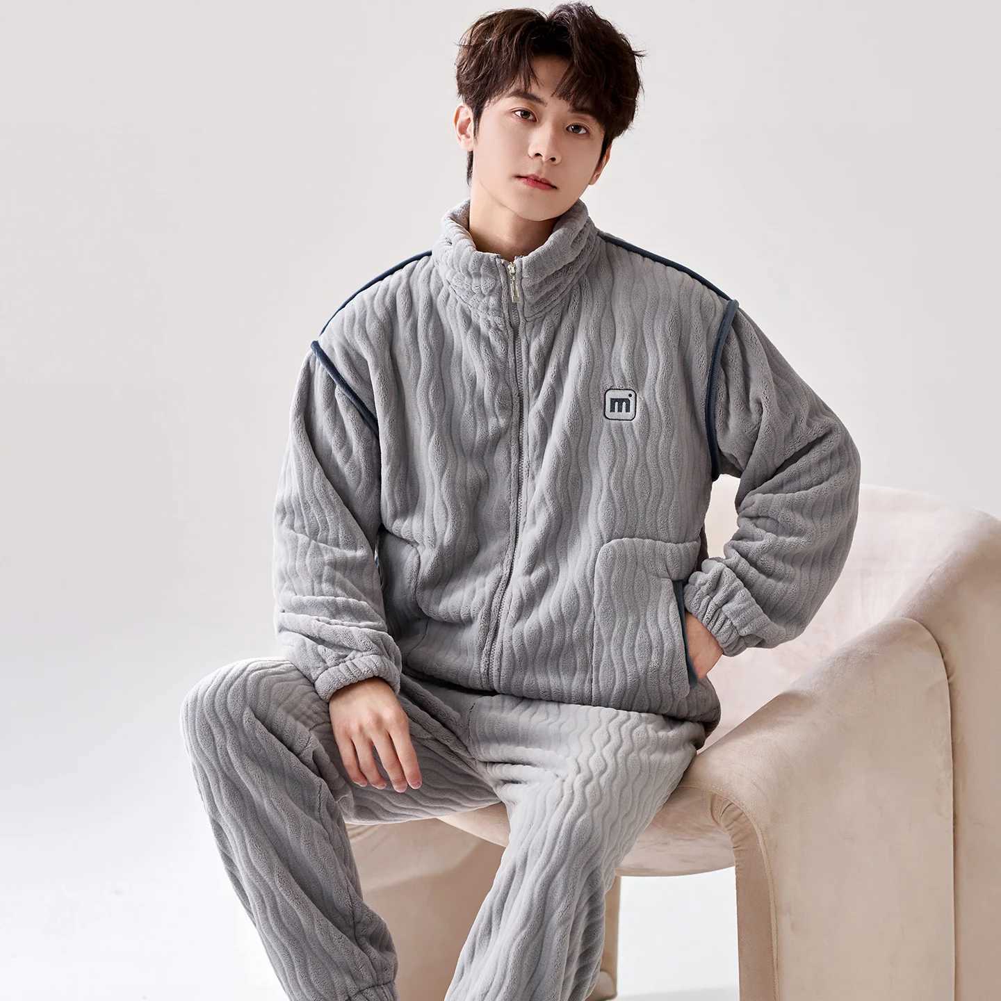 Lounge Women's Sleep Winter men pajamas thick flannel pyjamas male with zipper coral fleece cardigan men big yards 4XL sleep tops+long pants 2pcs
