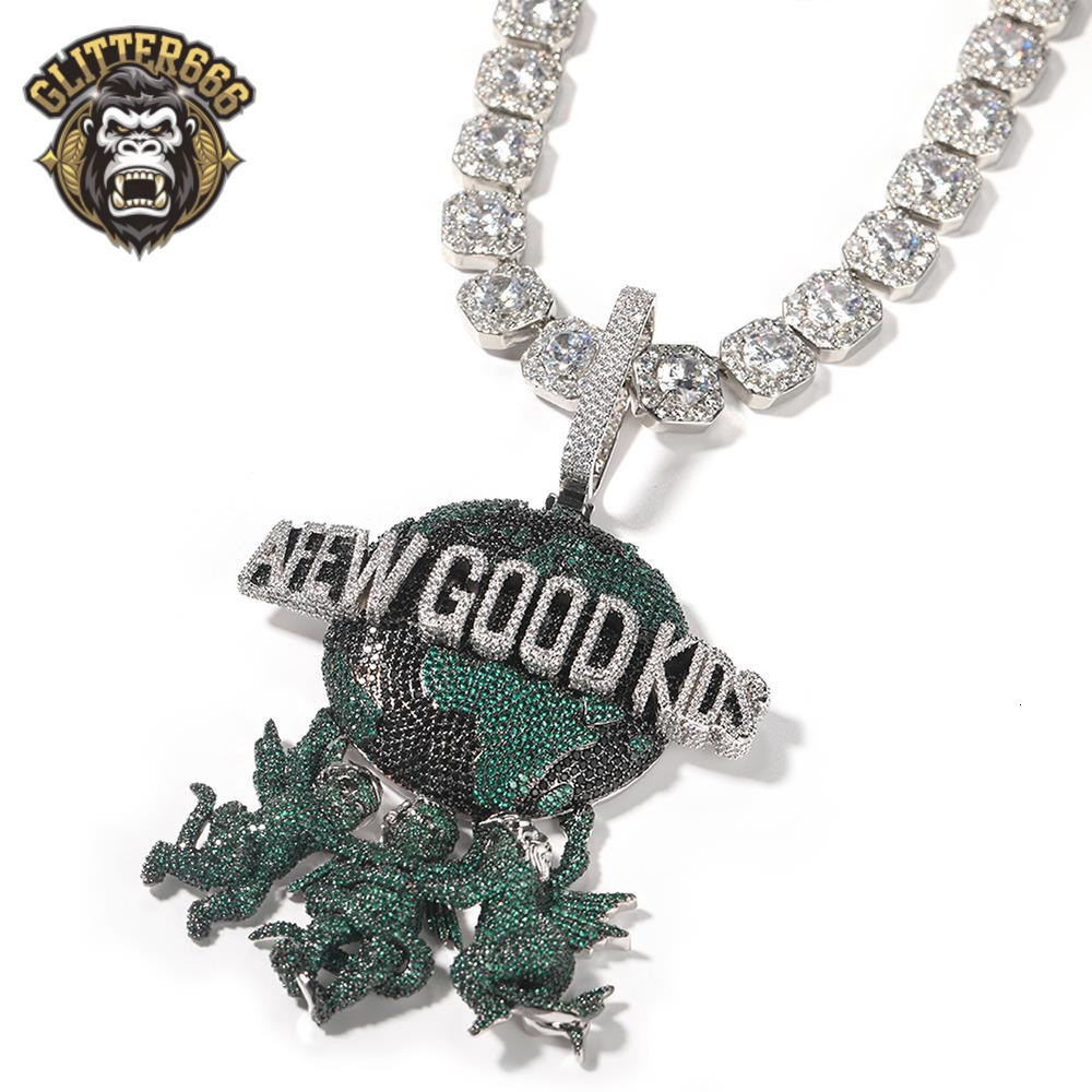 Hip Hop Three Angel Pendants Trendy Pendant Colorful Moissanite Round Pendant Jewelries Green Blue Rapper Necklace