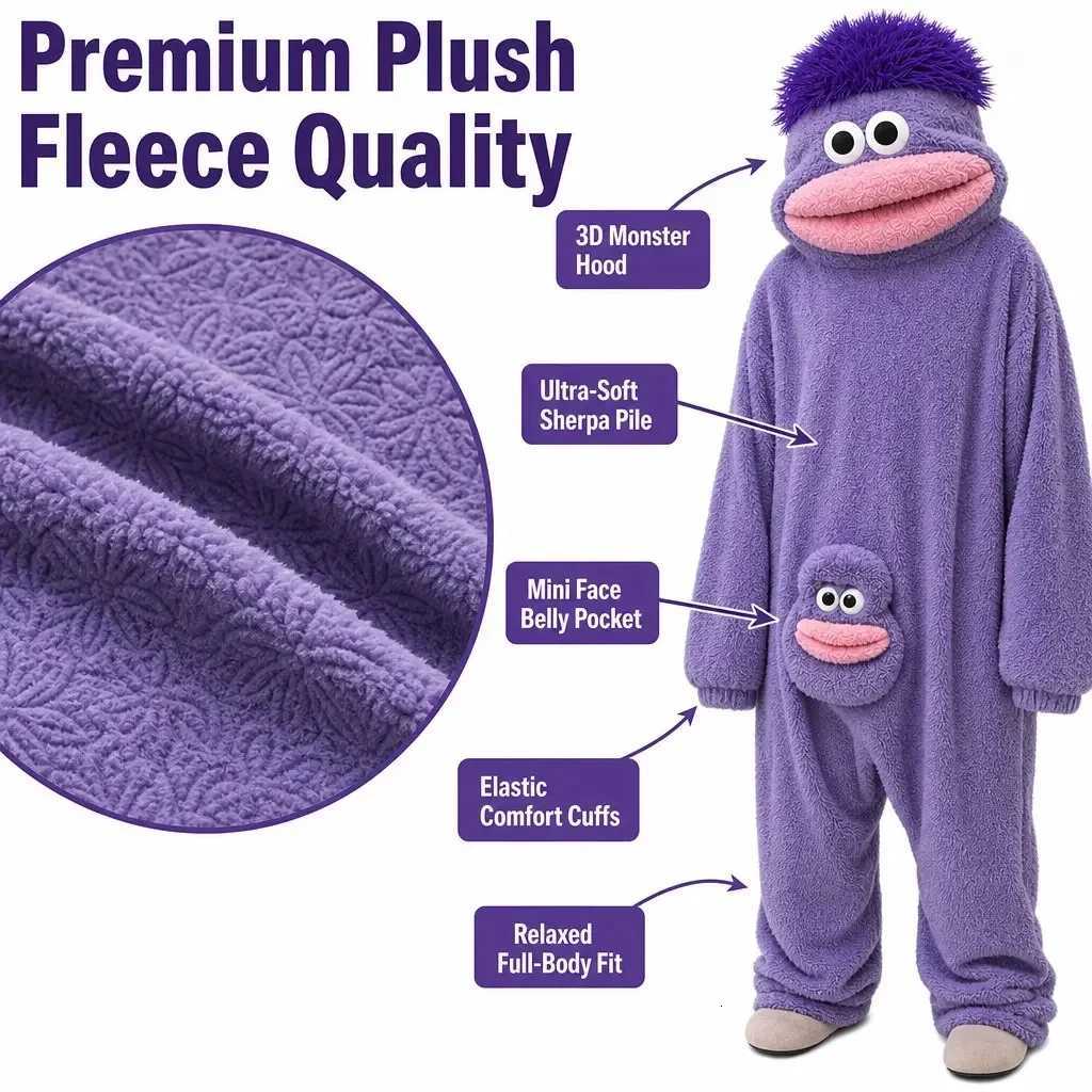 Lounge Women's Sleep New Big Mouth Monster Cartoon Jumpsuit Thickened Soft Coral Fleece Warm Winter Loungewear Funny Hooded Homewear Onesie Pajam - view 6
