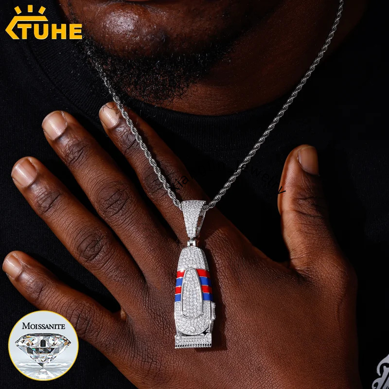 TUHE Hip Hop Barber Clipper Pendant Necklace Copper Moissanite Diamond Iced Out Cuban/Twist Chain Unisex Streetwear Jewelry