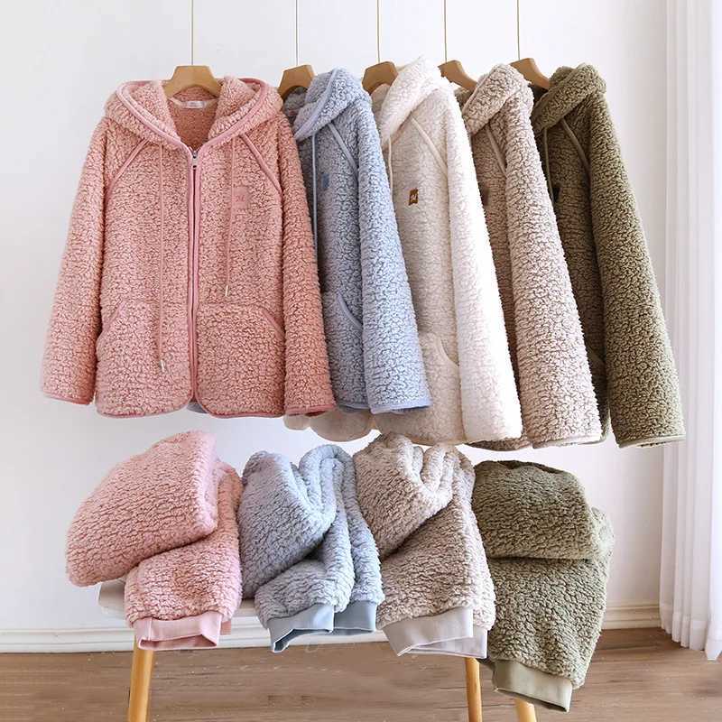 Lounge Women's Sleep New Flanner Couple's Pajama Hooded Zipper Sleeping Sleepwear Winter Underwear Set Nightie Warm Pajamas Pyjamas WomenC26