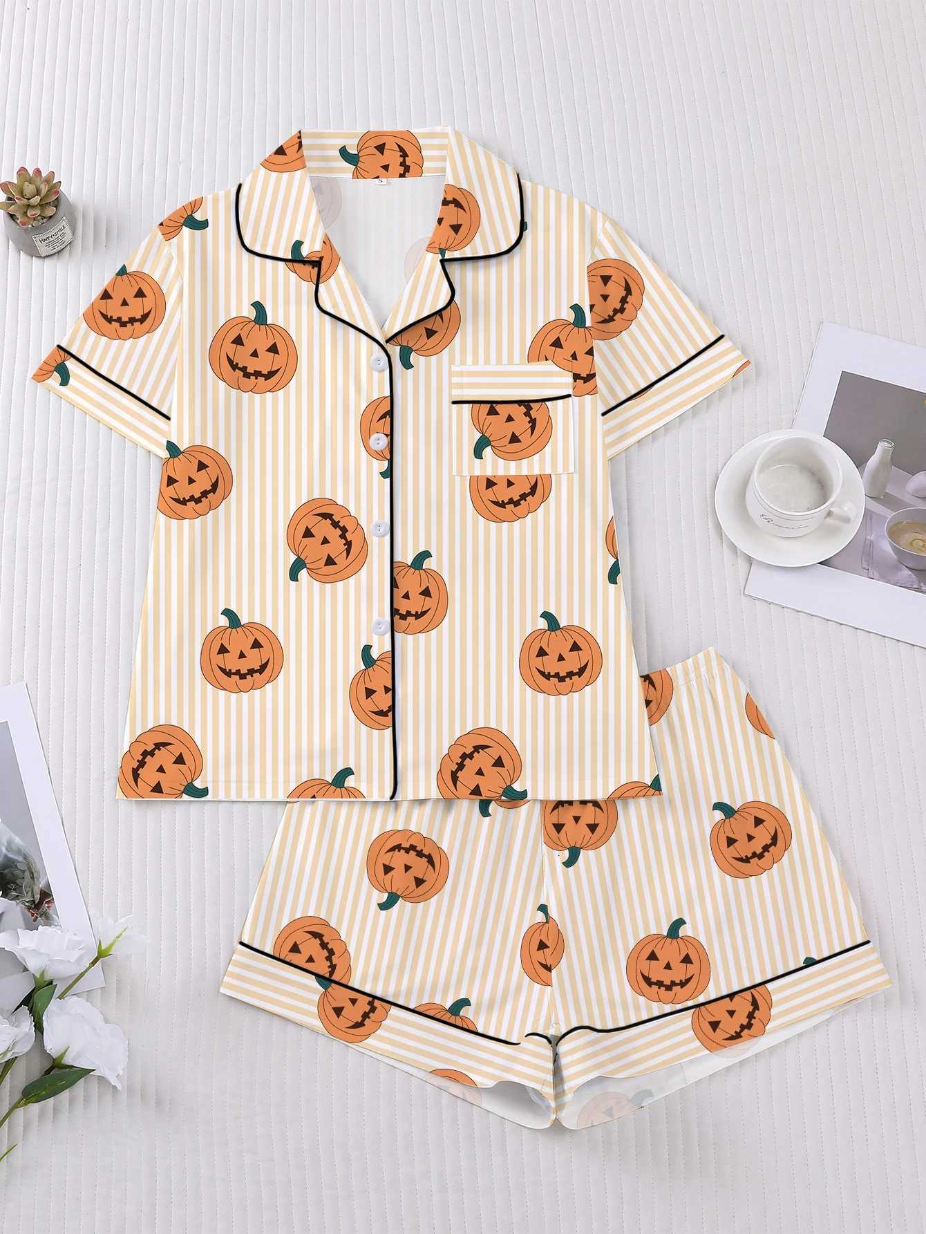 Women's Sleep Lounge Women's Sleepwear Halloween Print Pajamas Set Collar Short Sleeved Shirt With Shorts Home Suit Set Loungewear Set Pyjam - view 6